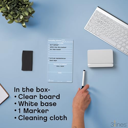 Image of 3 Lines to Do List Acrylic Board for Desk (12X8 CM)| Best Planner & Organiser | White Acrylic Base | with Marker & Cleaning Fabric | Everyday Planner for Work Transparent | Small Size