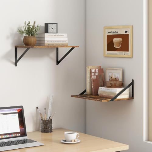 Image of Floating Wall Shelves, Set of 2, Rustic Brown Engineered Wood with Metal Brackets, 14x8 Inch, for Living Room, Kitchen Storage and Decor