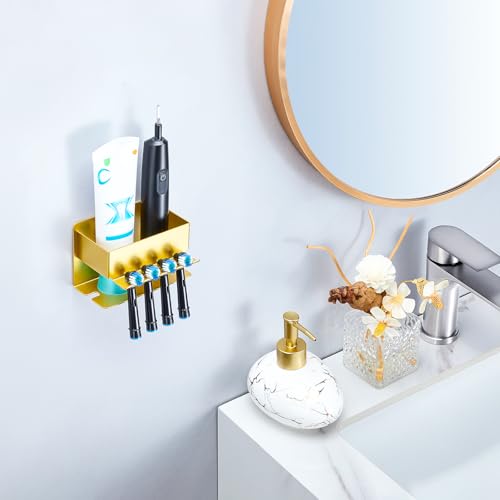 Image of Toothbrush Head Holders, Electric Tooth Brush Head Holder, Adhesive Toothpaste Holder for Shower Bathrooms, Wall Mounted Tooth Brushing Holder Organizer Storage (Gold, Small)