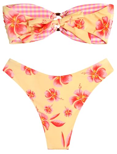Image of ZAFUL Women's Bandeau Bikini O Ring Strapless Tie Back High Cut Two Piece Swimsuit Bathing Suits