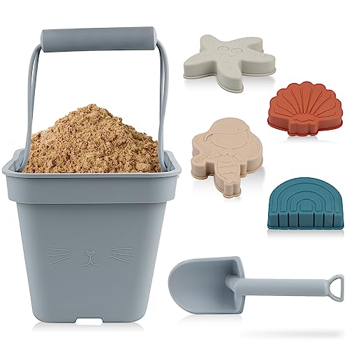 SWAWIS 6 Pecices Sand Toy Set, Blue Grey Soft Silicone Beach Toy for Toddlers Boys Girls Sand Bucket Shovel Mermaid Starfish Shell Rainbow Sandpit Outdoor Games