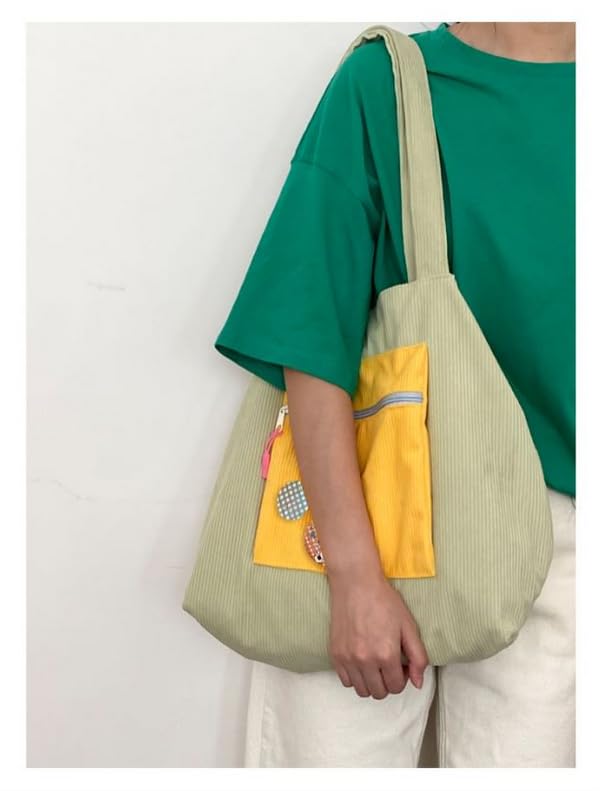 Image of Corduroy Tote Bag Large Shoulder Handbag Hobo Shopping Travel Bag with Zip Pocket and 2 Random Enamel Pins