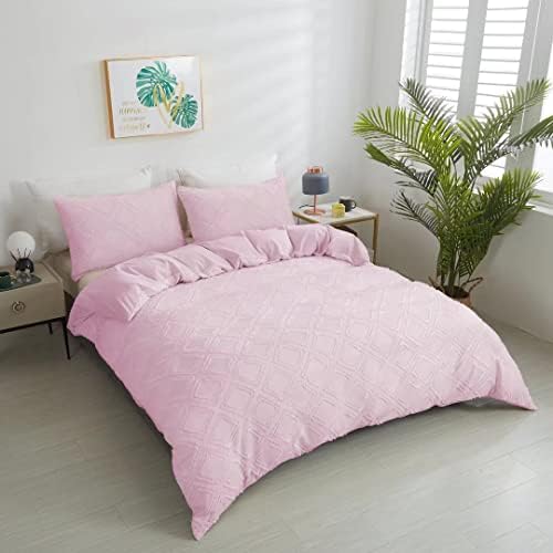 PUALLAC Tufted Double Duvet Set,Pink Bedding,Double Bedding Set,Bed Comforter Cover,3 Pieces,100% Washed Microfiber Soft Breathable,Pink Duvet Cover with 2 Pillowcases,4 Corner Ties And Zipper Closure