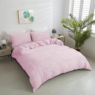 PUALLAC Tufted Double Duvet Set,Pink Bedding,Double Bedding Set,Bed Comforter Cover,3 Pieces,100% Washed Microfiber Soft Breathable,Pink Duvet Cover with 2 Pillowcases,4 Corner Ties And Zipper Closure