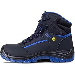 Botas Antiestática WORKTEAM Bota de Seguridad Antiestática ESD, Piel de Nobuk, resistente al deslizamiento, perforación, hidrocarburos y absorción de agua, puntera antiimpactos. Unisex Negro+Azulina 44