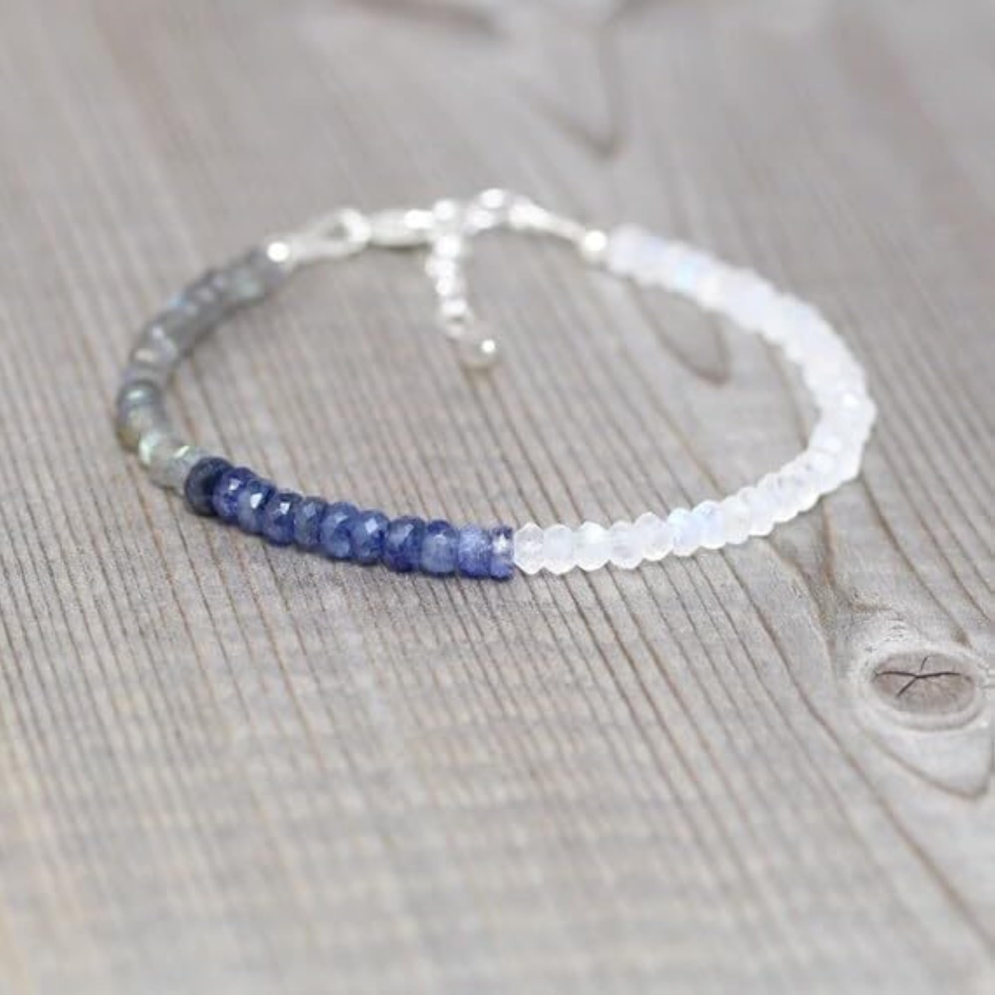 Blue Sapphire, Labradorite & Rainbow Moonstone Adjustable Bracelet, Silver Plated Clasp