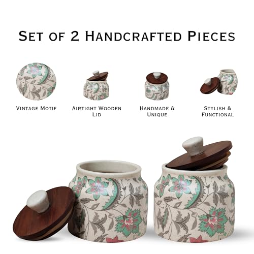 Image of Vistas 'Vintage Pastel' Airtight 380ml Set of 2 Ceramic Jar for Kitchen Storage | Handcrafted Ceramic Barni with Wooden Lid | Multipurpose Pickle, Spice & Salt Container