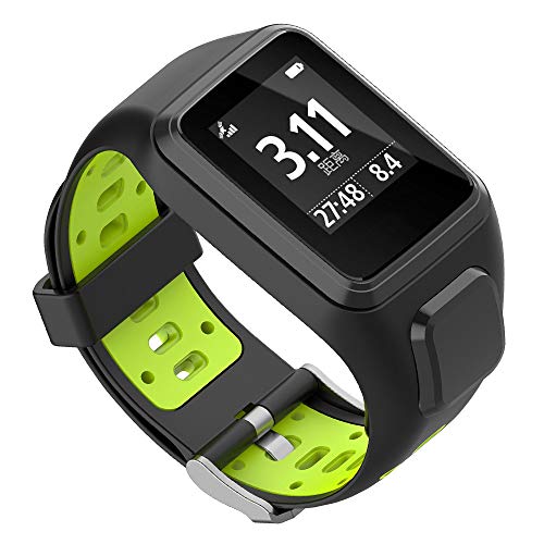 CablePro Replacement Silicone Soft Wristband for Tomtom Runner 2 / Runner 3,Ventilate Two-Color Sport Strap for Tomtom Spark 3 /Golfer 2 Sports GPS Running Watch (Black-Green)