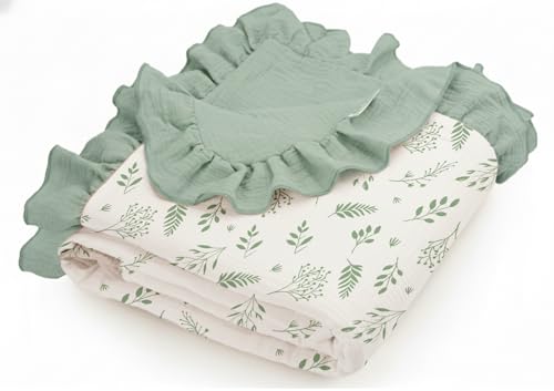 Image of Muslin Ruffled Baby Blanket, Extra Large 52 x 52 Inches, Soft Breathable Cotton Crib Blanket for Newborn Infant Toddler (Leaf C & Sage, Printed)