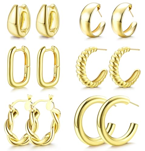 JeweBella 4/6 Pares Pendientes de Aro Oro Gruesos para Mujer Abiertos Pendientes Aro Grande Círculo Torcido Chapados Oro 14k Conjunto Pendientes Huggie Regalos Joyería