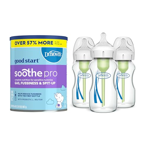 Dr. Brown's Good Start Baby Formula Powder, 30.6 Ounce & Natural Flow Anti-Colic Options+ Wide-Neck Glass Baby Bottles 9 oz/270 mL, with Level 1 Slow Flow Nipple, 3 Pack, 0m+