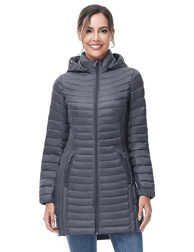 SLOW DOWN Women Ultra Light Down Jacket Packable Puffer Jacket Coat Hooded Mid Length Winter Outwear(Deep grey,XXL)