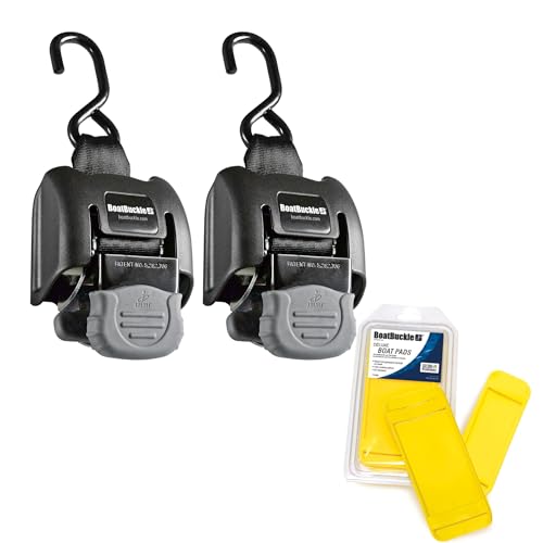 BoatBuckle F14220EC G2 Retractable Bow Tie-Downs (2-Inch x 43-Inch, Black) with Medium Boat Pads (2-Pack)