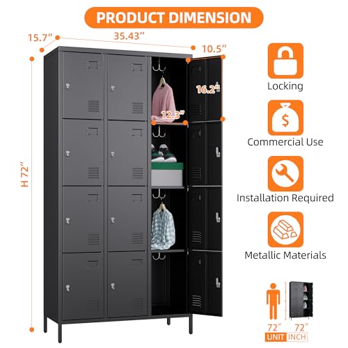 Image of SUXXAN 12 Door Metal Lockers for Employees, Heavy Duty Steel Storage Locker with Adjustable Padlock Hasp & Name Tag Slots, Professional Office Gym School Locker Cabinet, Black