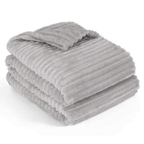 Sunshine Comforts Fleece Stripe Throw Blanket For Sofa - 100% Polyester Soft Cosy Warm Blankets For Bed, Light Warm Soft Cute Throw For Women and Girls (Grey - Stripe, Double (150X200CM))