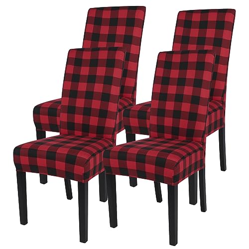 Image of SearchI Christmas Chair Covers Set of 4, Stretch Xmas Kitchen Chair Cover Removable Washable Holiday Parsons Chair Slipcovers for Dining Room, Christmas Decoration, Ceremony (Black /Red Plaid)