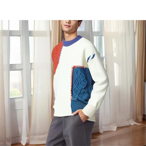 Men's Warm Sweater Patchwork Pullover Korean Style Round Neck Knit Cardigan3