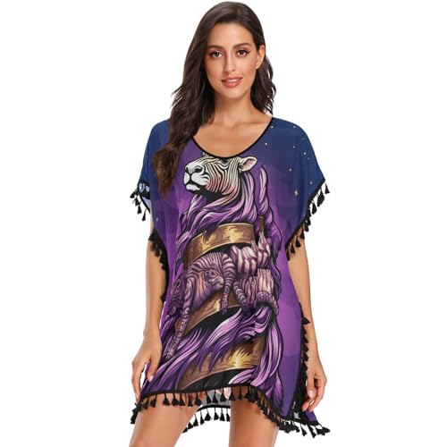 KAAVIYO Doodle Style Cute Zebra Women's Beach Cover Up Chiffon Tassel Swimwear Swimsuit Coverups for Girl