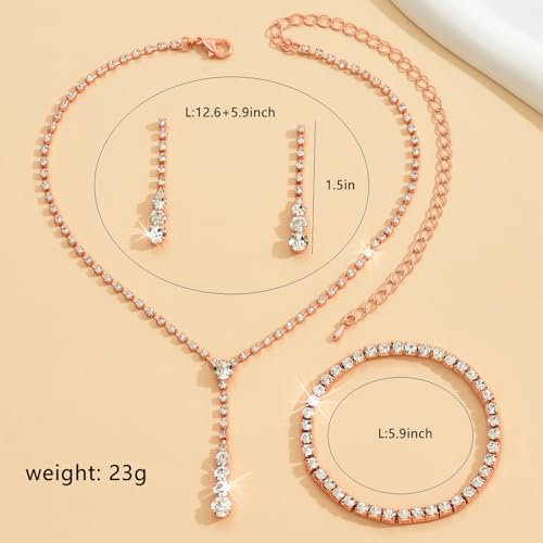 Meztole Rose Gold Jewelry Set For Prom,Bridal Necklace Earrings Bracelet Crystal Bridal Wedding Prom Dresses Costume Jewelry Accessories Rhinestone Bridal Jewelry Set For Women  thumb #5