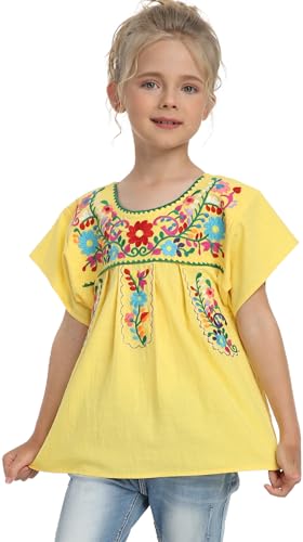 Image of YZXDORWJ Mexican Blouse for Girls Traditional Embroidered Summer Short Sleeve Peasant Blouse for Kids