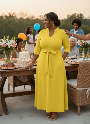 Image of FANDEE Maxi Dress for Women, Casual V Neck 3 /4 Sleeve Long Dresses with Pockets