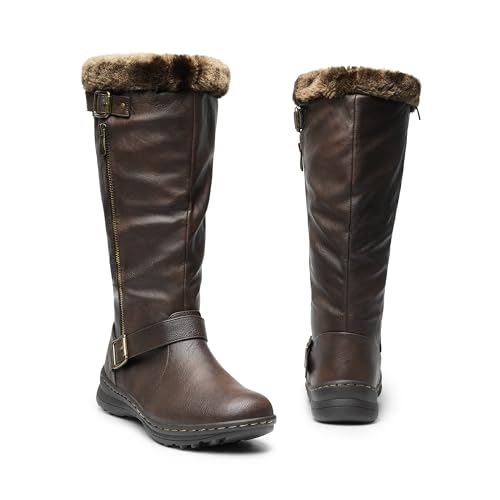 DREAM PAIRS Women's Winter Fully Fur Lined Zipper Closure Snow Knee High Boots,Size 8,Brown/Pu,RABBIT