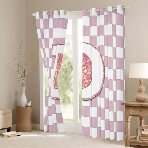 Image of Erosebridal Pink Initial D Window Drapes Kawaii Plaid Checkered Blackout Curtains 52 inchWx84 inchL Cute Personalized Monogram Curtains for Kids Girls Bedroom,Fashion Grids Gingham Window Treatments 2 Panels