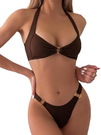 SKAYS Womens Sexy Two Piece Bikini Sets Triangle Swimsuits Ribbed Halter Ring Stylish High Cut Thong Swimwear Bathing