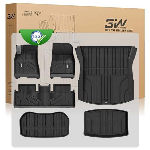 3W Fußmatten mit Metallpedal und Kofferraumwannen 6-teilige für Tesla Model 3 Highland 2024-2026, Thorex™ TPE Allwetter Fussmatte und Kofferraum Matte Autofußmatten Zubehör, Schwarz Antiruts