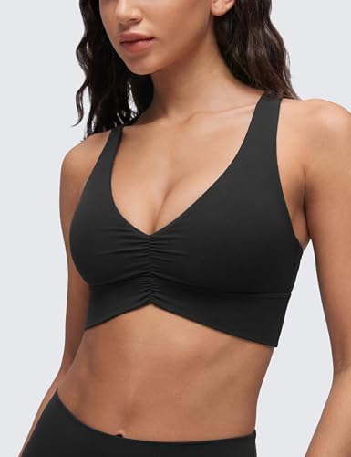 CRZ YOGA Butterluxe Womens Ruched Longline Sports Bras - V Neck Padded Yoga Tank Wide Straps Cross Back Crop Tops4