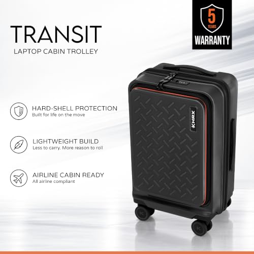 HRX Transit Cabin Size Black Polycarbonate Hard Shell Suitcase with Front Laptop Compartment - Premium Travel Trolley Bag with 8 Spinner Wheels, Number Lock & Water Resistant Body - Image 4