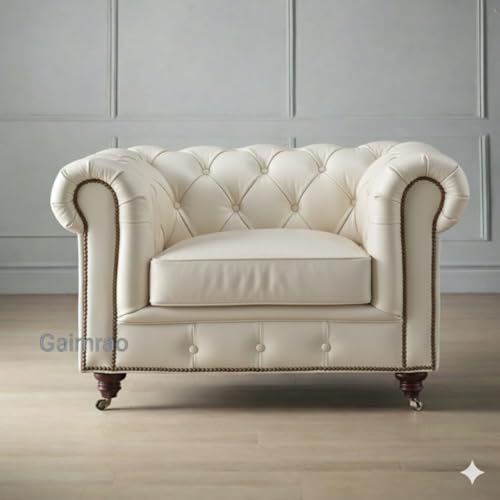 Image of Classic Leatherette Chester Sofa Set Button Tufted, Classic Style Sofa Set 3-Person Sofa for Living Room, Office, and Hallway Colour (Off-White Leatherette, 3+2+1=6 Seater Sofa)