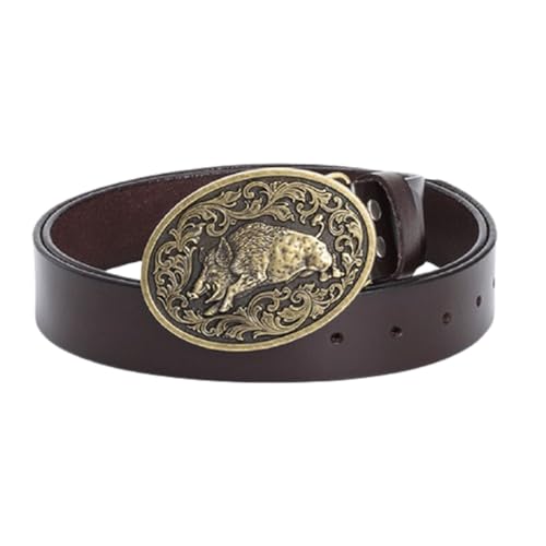 Unisex Leather Belt - Vintage Wild Boar Pattern Engraved Print Western Buckle