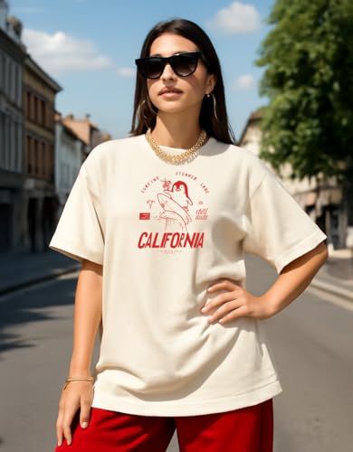 Image of Cotton Blend Oversized Baggy Fit Half Sleeve Printed Round Neck Multicolor Drop Shoulder T-Shirt for Womens & Girls (Pack of 4)