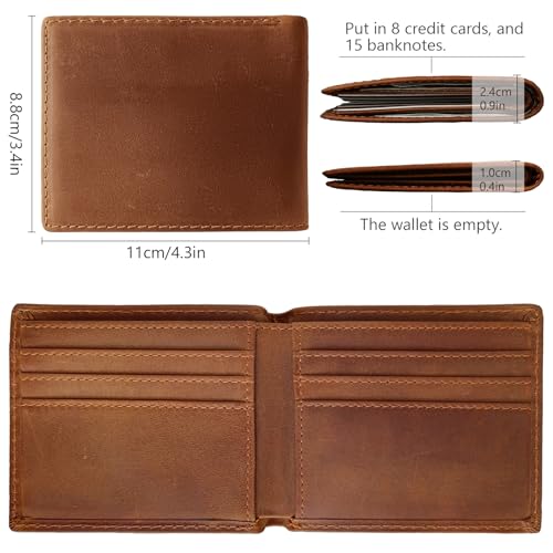 Men's Slim RFID Blocking Wallet - Classic Brown Full Grain Leather Bifold (6 Cards Slots, 2 Cash Compartments) Compact Front Pocket Design with Gift Box (4.3"x3.4"x0.4")4