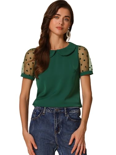 Chemisier vintage femme vert foncé col claudine manches courtes taille S retro