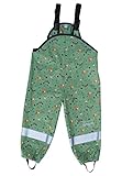 Wasserdichte Regenhose mit verschweißten Nähten und verstellbaren elastischen Trägern, mit Waldtieren Druck. Mit Druckknöpfen zur Weitenregulierung in der Taille, reflektierendes 