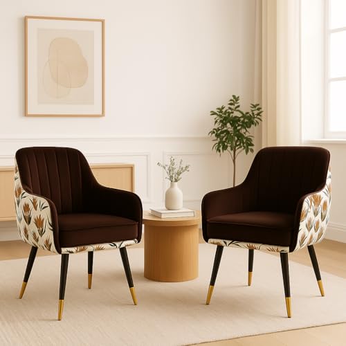 Image of Velvet Chair with Floral Pillow for Home | Modern Accent Armchair in Soft Velvet Fabric with Golden Legs | Set of 2 Premium Accent Chair for Living Room Bedroom (Dark Brown Floral)