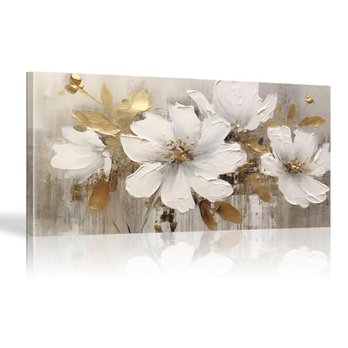 Art floral minimaliste peinture abstraite fleurs blanches grand format horizontal sur toile