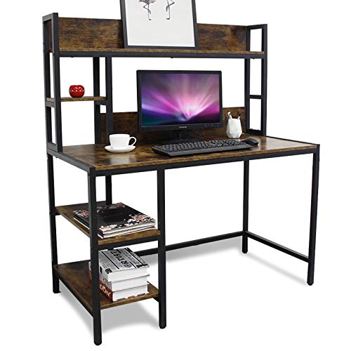 Bizzoelife Computer Desk with Hutch and 2-Tier Bookshelfï¼Œ47 Inches Modern Writing Study Desk with Storage Shelf for Small Space, PC Laptop Table Workstation for Home Office to Saving Space(Rustic)