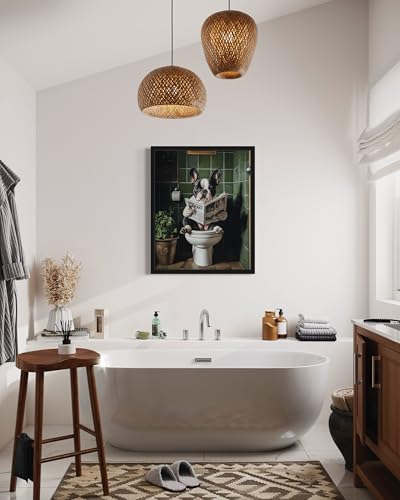 Image of French Bulldog 1 on Toilet Black Framed Wall Art Print Poster, Dog Bathroom Humor Decor Posters Prints for Restroom Home Picture Painting Artwork Gallery 7 (French Bulldog 1, 18 x 24 inches, Black Frame)