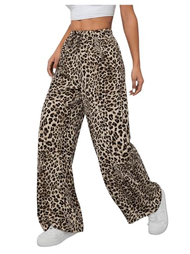 SweatyRocks Women's Leopard Print Animal Wide Leg Pants Elastic Waist Trousers with Pockets4