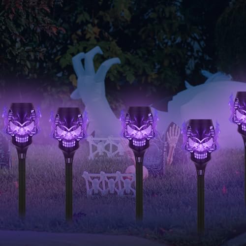 8 Pack Solar Halloween Lights, Purple Skull Torch Lights - image 4