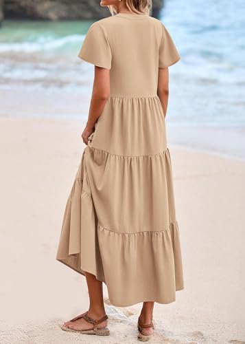 Image of KIRUNDO Summer Maxi Dresses for Women 2026 | Spring Fashion Short Sleeve Tiered Flowy Dress, Button V Neck, Pleated, Loose Fitting, Nursing & Bump Friendly, With Pockets