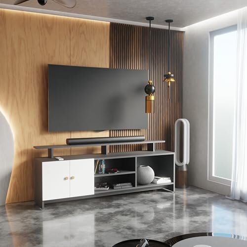 Image of TV Unit for Living Room | TV Cabinet & TV Stand | TV Table for Living Room | Modern Furniture for Home | Assembly-DIY | Color-Grey & White