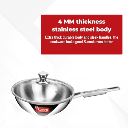Image of Camro Triply Artisian Deep Fry Pan 1.8 Liters with Glass Lid | Steel Pan | Induction Friendly | Omelette | Gas Stove Compatible | Dishwasher Safe | 6 Years Warranty