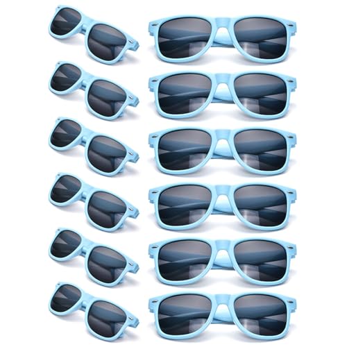 SUNOVELTIES 12 Pack Sky Blue Party Sunglasses Bulk, Classic Retro Unisex Adult Glasses