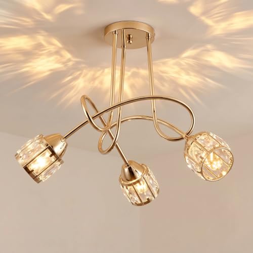 Image of Warmiehomy 3 Lights Crystal Ceiling Light Living Room, Gold