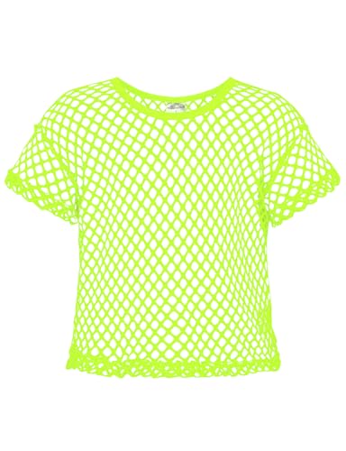 Noomelfish Girls Fishnet Crochet Crop Tops Kids Short Sleeve Mesh Dance T-Shirts Blouse, Neon Yellow, Size 7-8 Years