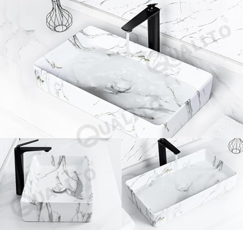 Image of QUALITO Designer Table Top Wash Basin for Bathroom, Living Room, Hall, Dinning Room | Big Size Ceramic Vessel Sink /Basin | Glossy Finish Marble Vanity Basin (24x14x5 Inch, Lito)